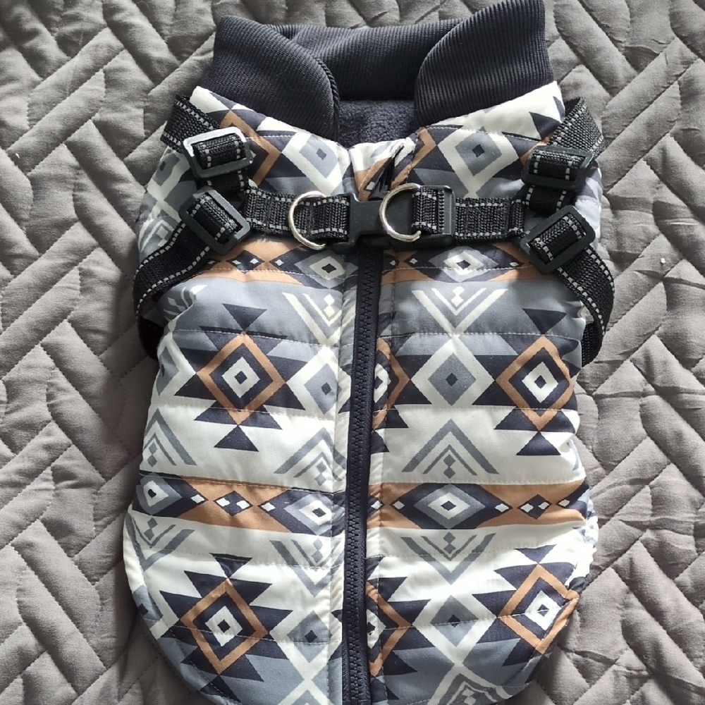 Geometric Patterned Dog Jacket with Harness
